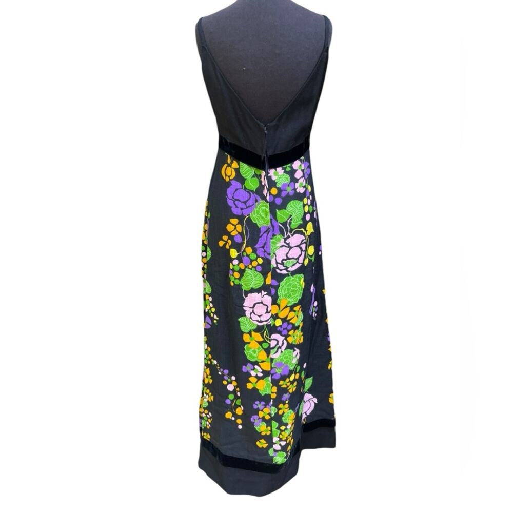 Vtg 70s Psychedleic Floral Velvet Trim Bow Boho Glam Maxi Dress S Retro Festival - Picture 5 of 11